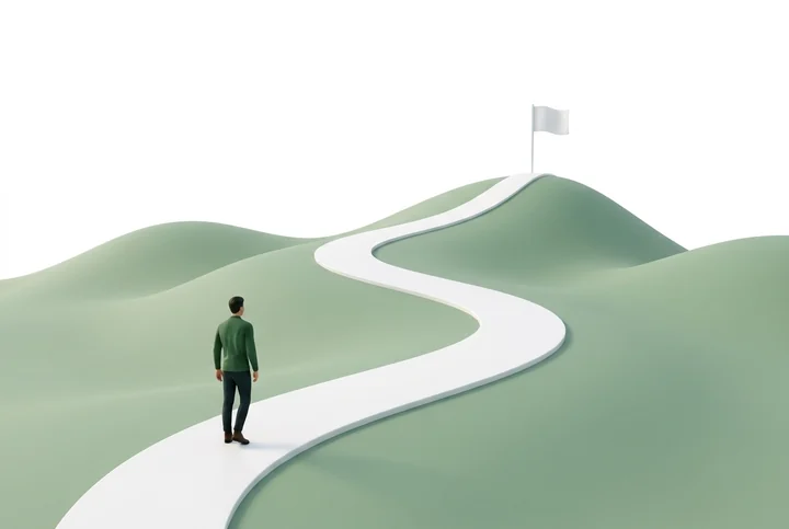 Illustration: eine Person geht einen geschwungenen Weg über grüne Hügel hinauf zu einer Fahne